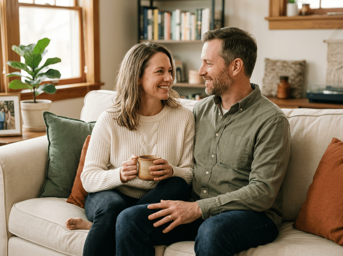 A couple sharing coffee and a warm conversation at home